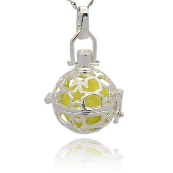 Silver Color Plated Brass Hollow Round Cage Pendants, with No Hole Spray Painted Brass Round Ball Beads, Champagne Yellow, 36x25x21mm, Hole: 3x8mm
