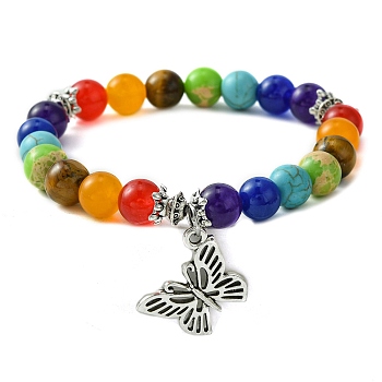 Chakra Natural & Synthetic Mixed Stone Stretch Bracelets, Alloy Charm Bracelets for Women, Butterfly, Inner Diameter: 2 inch(5cm)