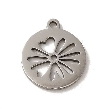201 Stainless Steel Pendants, Laser Cut, Flat Round with Flower Charm, Stainless Steel Color, 16x14x1mm, Hole: 1.5mm