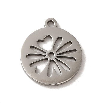 Non-Tarnish 201 Stainless Steel Pendants, Laser Cut, Flat Round with Flower Charm, Stainless Steel Color, 16x14x1mm, Hole: 1.5mm