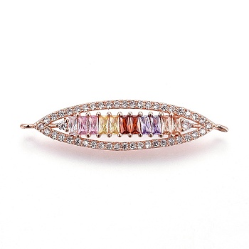 Brass Micro Pave Cubic Zirconia Links, Horse Eye, Colorful, Rose Gold, 44.5x11x3.5mm, Hole: 1.2mm