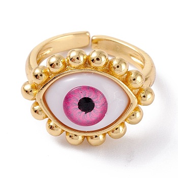 Brass Cuff Rings, Open Rings, with Resin Beads, Long-Lasting Plated, Real 18K Gold Plated, Evil Eye, Pink, 3mm, Inner Diameter: 17.5mm