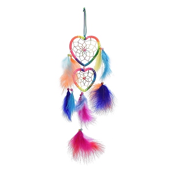 Feather Double Heart Woven Net/Web with Beaded Wind Chimes, for Home Party Festival Decor, Colorful, 500mm