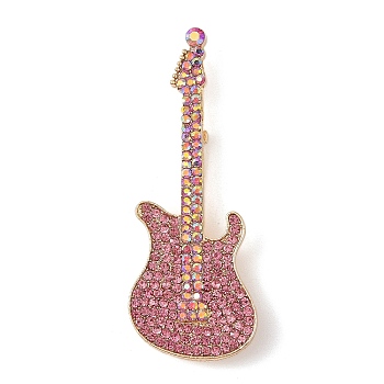 Guitar Alloy Rhinestone Musical Instruments Brooches, Golden, Light Rose, 69x26.5mm