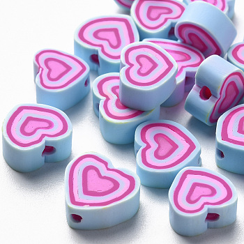 Handmade Polymer Clay Beads, Heart, Pale Turquoise, 7.5~11x7~11x4~5mm, Hole: 1.8mm