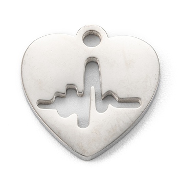 304 Stainless Steel Pendants, Heart with Heartbeat, Stainless Steel Color, 16.5x16x1.4mm, Hole: 2mm