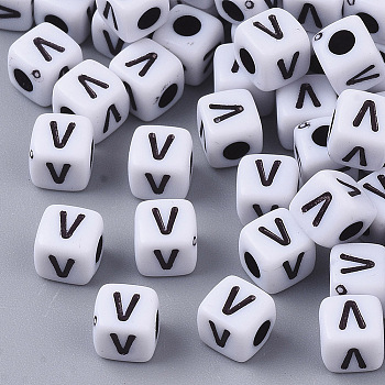 White Opaque Acrylic Beads, Horizontal Hole, Cube with Black Alphabet, Letter.V, 4~5x4~5x4~5mm, Hole: 1.8mm, about 208pcs/16g
