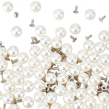 100 Bags ABS Plastic Imitation Pearl Rivet Studs, with Iron Findings, White, 8mm, Finding: 4x5mm