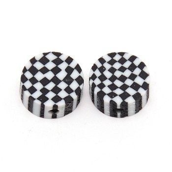 Handmade Polymer Clay Bead, Flat Round with Plaid Pattern, Black, 8.5~9x4.5mm, Hole: 2mm