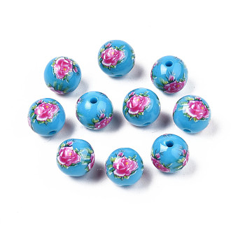 Opaque Printed Acrylic Beads, Round with Flower Pattern, Deep Sky Blue, 9x9.5mm, Hole: 1.8mm
