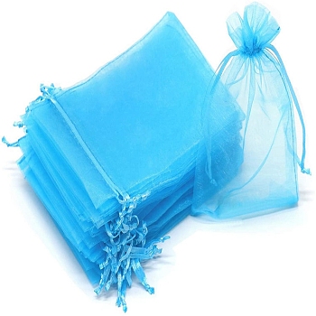 Organza Packing Drawstring Bags, for Christmas Party, Rectangle, Deep Sky Blue, 15x10cm