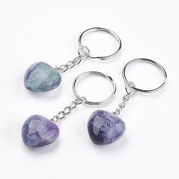 Natural Fluorite Keychain, with Platinum Iron Findings, Heart, 72mm