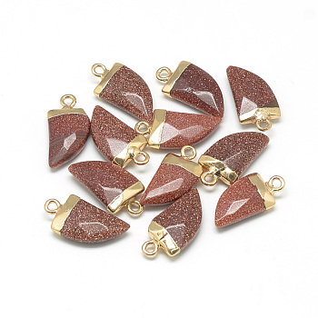 Synthetic Goldstone Pointed Pendants, with Brass Findings, Faceted, Tusk Shape, Golden, Saddle Brown, 21x11x5.5mm, Hole: 2mm