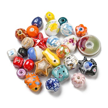 Handmade Porcelain Beads, Mixed Shape, Mixed Color, 9~21.5x8.5~17x4.5~17mm, Hole: 1.8~5mm