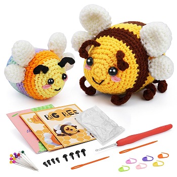 2 Style Bees Yarn Knitting Beginner Kit, including Instruction, Plastic Locking Stitch Marker & Eye & Crochet Hooks, Yarn Needle, Yarns, PP Cotton Stuffing Fiber Filling Material, Mixed Color