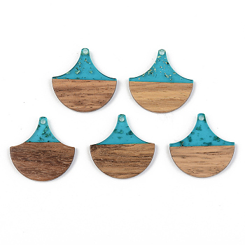 Transparent Resin & Walnut Wood Pendants, with Gold Foil, Fan, Dark Turquoise, 28x28x3mm, Hole: 2mm