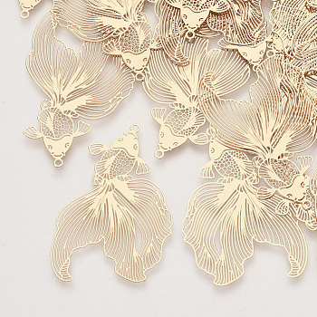 Brass Pendants, Etched Metal Embellishments, Goldfish, Light Gold, 49x30x0.3mm, Hole: 1.4mm