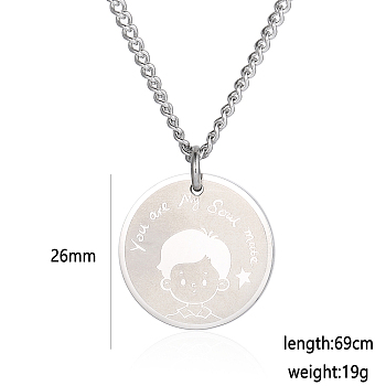 Stainless Steel Male Flat Round Pendant Cartoon Couple Twisted Chain Necklaces, Fashionable Accessory for Festive Gift, Silver, 27.17 inch(69cm)