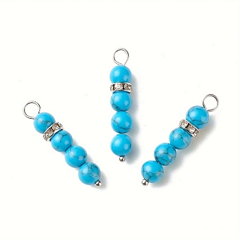 10Pcs Synthetic Turquoise Pendants, Round Beaded Links with 304 Stainless Steel Rhinestone Findings, 30x6.5mm, Hole: 3.3mm