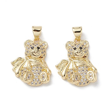 Brass Micro Pave Cubic Zirconia Pendants, Real 16K Gold Plated, Bear Charms, Clear, 21x16.5x4mm, Hole: 5x3mm