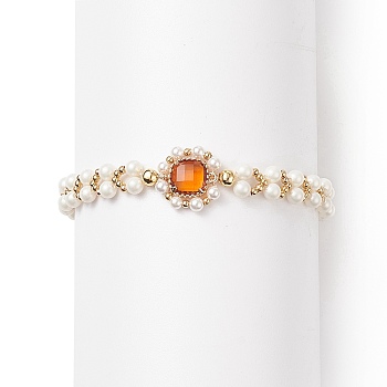 Glass & Shell Pearl Bead Bracele, Dainty Braided Beaded Bracelet for Women, Orange, 7-1/2 inch(19cm)