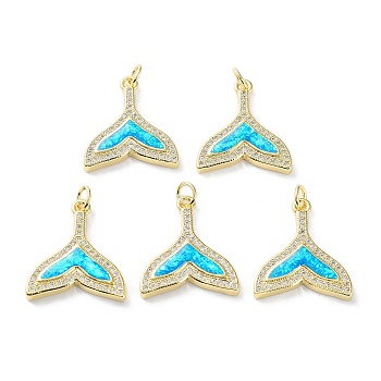 Rack Plating Brass Micro Pave Cubic Zirconia Pendants, Synthetic Opal Fishtail Charms with Jump Ring, Cadmium Free & Lead Free, Long-Lasting Plated, Real 18K Gold Plated, Cyan, 21x18.5x3.5mm, Hole: 3.4mm