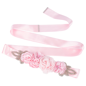 Rhinestone Flower with ABS Imitation Pearl Bridal Belt, Polyester Ribbon Wedding Sash for Wedding Dress Garment Accessories, Pink, 106-1/4 inch(270cm)