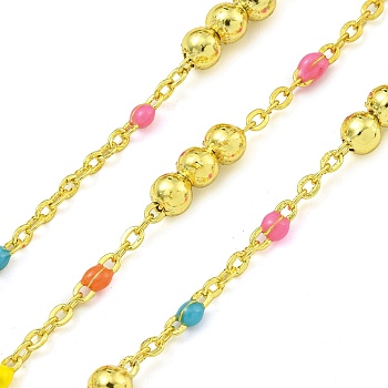 Brass Enamel Round Beaded Link Chain, Soldered, with Spool, Long-Lasting Plated, Cadmium Free & Lead Free, Real 18K Gold Plated, Colorful, 12x3.5mm