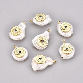 Natural Cultured Freshwater Pearl Pendants, with Brass Micro Pave Cubic Zirconia Findings, Flat Round with Evil Eye, Golden, 20~28x16~20x6~7mm, Hole: 1.4~1.5mm