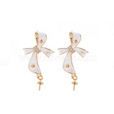 Real 18K Gold Plated White Bowknot Brass+Cubic Zirconia Stud Earring Findings