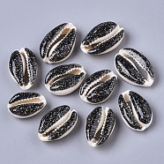 Natural Cowrie Shell Beads, with Epoxy Resin and Glitter Powder, Undrilled/No Hole, Black, 17~22x11~14x7~8mm(X-SSHEL-N034-36A)