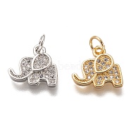 Brass Micro Pave Clear Cubic Zirconia Charms, Long-Lasting Plated, with Jump Ring, Elephant, Mixed Color, 11.5x12x2mm, Jump Ring: 5x1mm, 3mm Inner Diameter(ZIRC-C020-35)