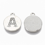 Alloy Pendants, with Crystal Rhinestone, Flat Round with Letter, Platinum, Letter.A, 15x13x1.5mm, Hole: 1.4mm(PALLOY-S098-JN937-A-1)