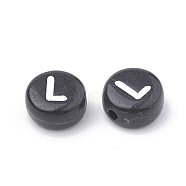 Opaque Acrylic Beads, Horizontal Hole, Alphabet Style, Flat Round, Letter.L, 7x4mm, Hole: 1.5mm, about 370pcs/50g(X-SACR-N002-02L)