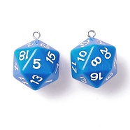 Opaque Acrylic Pendants, with Platinum Plated Iron Findings, Faceted, Polyhedral Dice, D20, Dodger Blue, 27.5x20x20mm, Hole: 2mm(MACR-O044-03-01F)