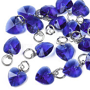 Faceted Transparent Glass Charms, with Iron Jump Ring, Heart, Blue, 13~14x10x5~6mm, Hole: 4mm(GLAA-T024-04C)