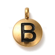 304 Stainless Steel Black Enamel Charms, Golden, Flat Round with Letter Charm, Letter B, 11x8x2.5mm, Hole: 1.8mm(STAS-R009-01G-B)