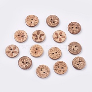 Wooden Buttons, 2-Hole, Flat Round, Mixed Pattern, Saddle Brown, 17.5~18x3mm, Hole: 2mm(BUTT-K007-13)
