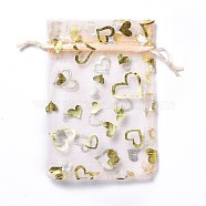 Organza Drawstring Jewelry Pouches, Wedding Party Gift Bags, Rectangle with Gold Stamping Heart Pattern, PeachPuff, 15x10x0.11cm(OP-I001-B09)