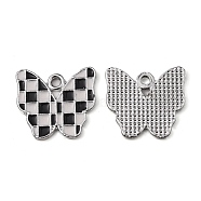 Alloy Enamel Pendants, Butterfly with Tartan Pattern Charm, Black and White, Platinum, 17x18.5x1.5mm, Hole: 2mm(ENAM-E008-02P)