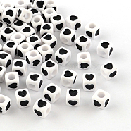 Opaque Acrylic European Beads, Large Hole Cube Beads, with Heart Pattern, Black, 7x7x7mm, Hole: 4mm, about 1900pcs/500g(OPDL-S078-01)