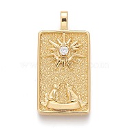 Brass Micro Pave Clear Cubic Zirconia Pendants, Real 18K Gold Plated, Tarot Card Charms, The Moon, The Moon XVIII, 30x15x4mm, Hole: 3~4mm(ZIRC-Z004-01Q)