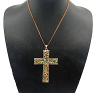 Eco-friendly Zinc Alloy & Natural Chip Unakite Handmade Cross Pendant Cord Necklaces for Women Men, Platinum, (RL5831-2)