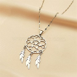 Non-Tarnish Woven Net/Web with Feather 304 Stainless Steel Boho Pendant Necklaces for Women, Stainless Steel Color, 15.98 inch(40.6cm)(NJEW-G087-07P)