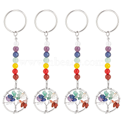 Flat Round with Tree of Life Brass Keychain, with Natural Mixed Gemstone Bead and Iron Key Ring, 11.5cm, 4pcs/set(KEYC-AB00077)