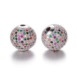 Brass Micro Pave Cubic Zirconia Beads, Round, Colorful, Platinum, 10mm, Hole: 2mm(ZIRC-K041-01P-10mm)