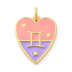 Brass Enamel Pendants, with Jump Ring, Real 14K Gold Plated, Heart with Twelve Constellations Charm, Gemini, 19x15x2mm, Hole: 3mm(KK-Z077-01G-01)