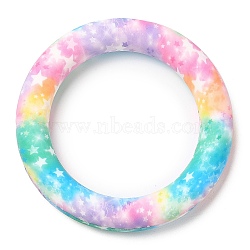 Food Grade Eco-Friendly Silicone Pendants, Ring with Star Pattern, Colorful, 65x10mm, Hole: 4mm(SIL-M001-01J)