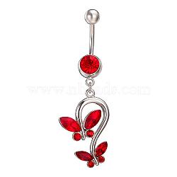 Piercing Jewelry Real Platinum Plated Brass Rhinestone Double Butterfly Navel Ring Belly Rings, Siam, 51x17mm, Bar Length: 3/8"(10mm), Bar: 14 Gauge(1.6mm)(AJEW-EE0001-41C)
