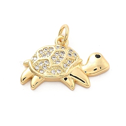 Rack Plating Brass with Cubic Zirconia Pendants, Long-Lasting Plated, Lead Free & Cadmium Free, Tortoise Charms, with Jump Ring, Real 18K Gold Plated, 13.5x21.5x3mm, Hole: 3mm(KK-Q017-01E-G)